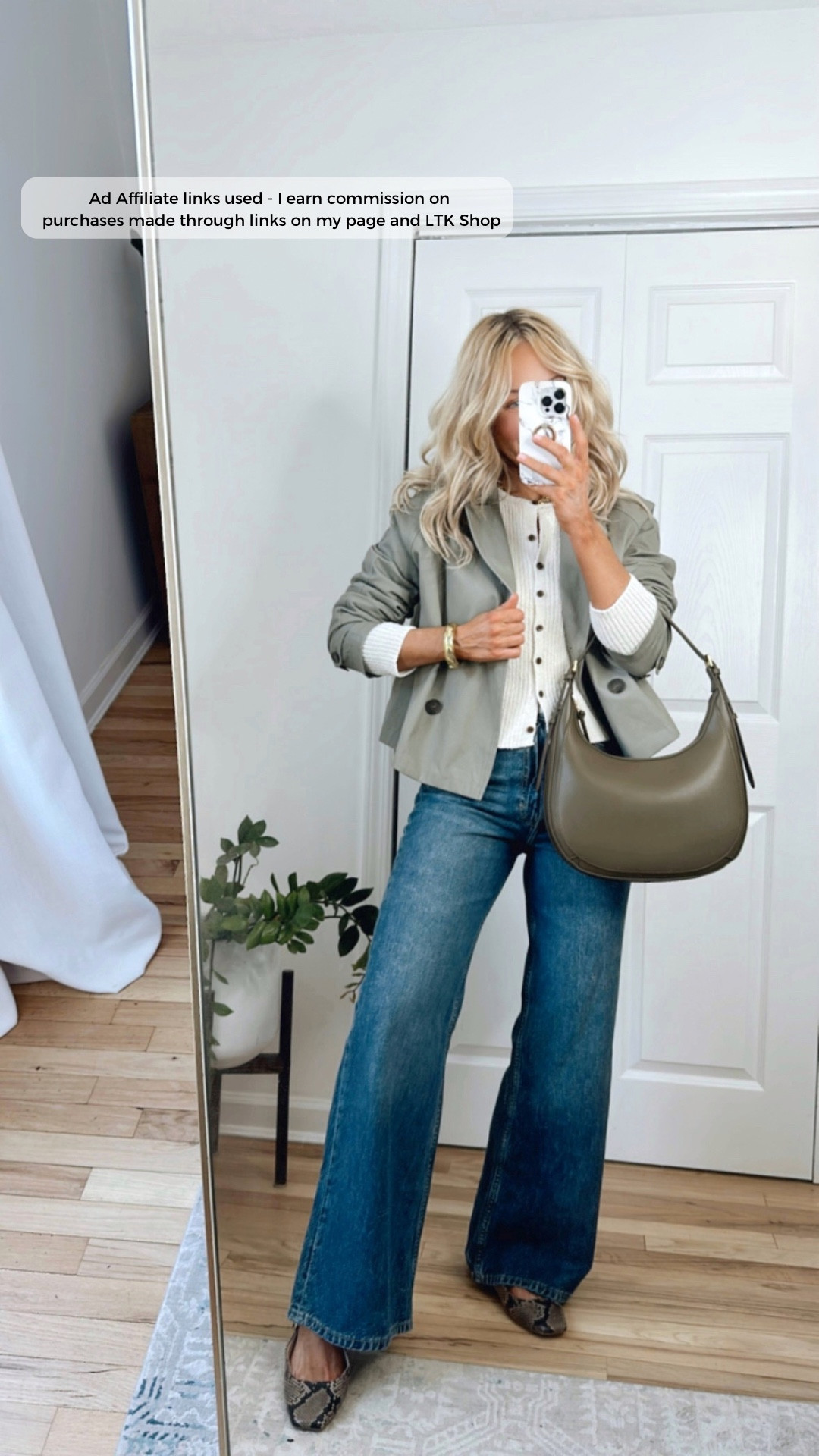 H&M spring outfit | Sizing info: I sized up one size in the cropped trench coat (wearing a medium); I sized up one size in the cream cardigan (wearing a size 6); I sized up one size in the wide leg jeans (wearing a size 6)