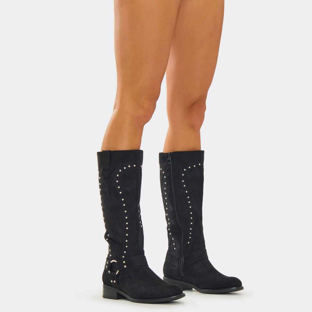 Delayed Stud Ring Detail Knee High Long Boot In Black Faux Suede | EGO (UK)