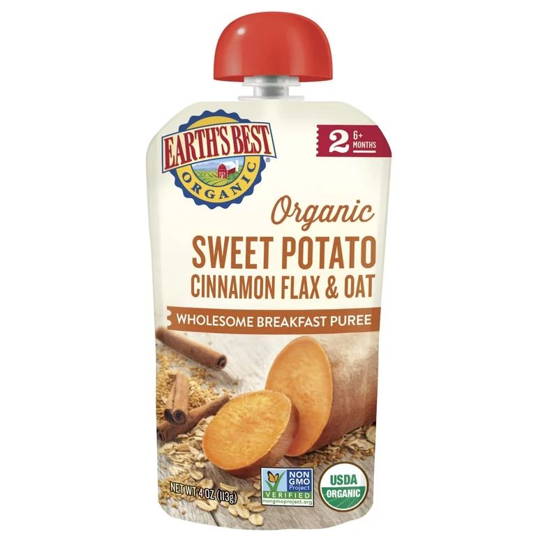 Earth's Best Organic Stage 2 Baby Food, Sweet Potato Cinnamon Flax & Oat, 4 oz Pouch | Walmart (US)