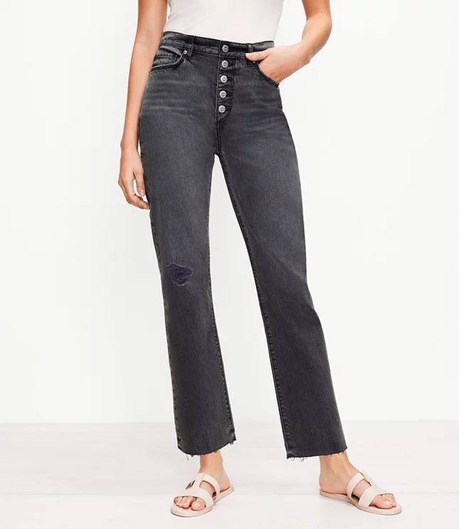 Button Front Fresh Cut High Rise Straight Crop Jeans in Washed Black Wash | LOFT