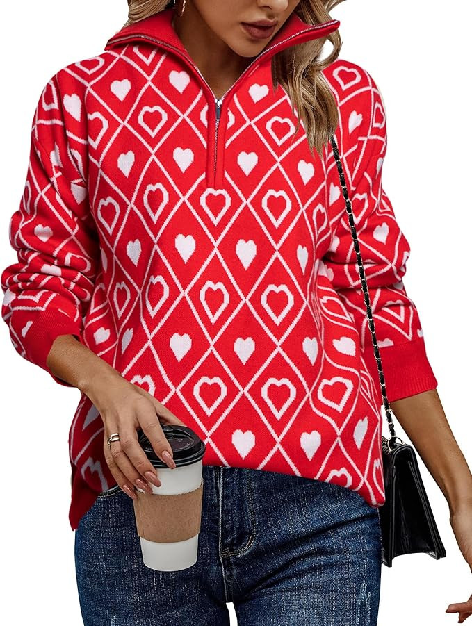 Love Heart Sweater Quarter Zip Sweater Women V Neck Valentines Pullover Sweatshirt Ribbed Knitted... | Amazon (US)