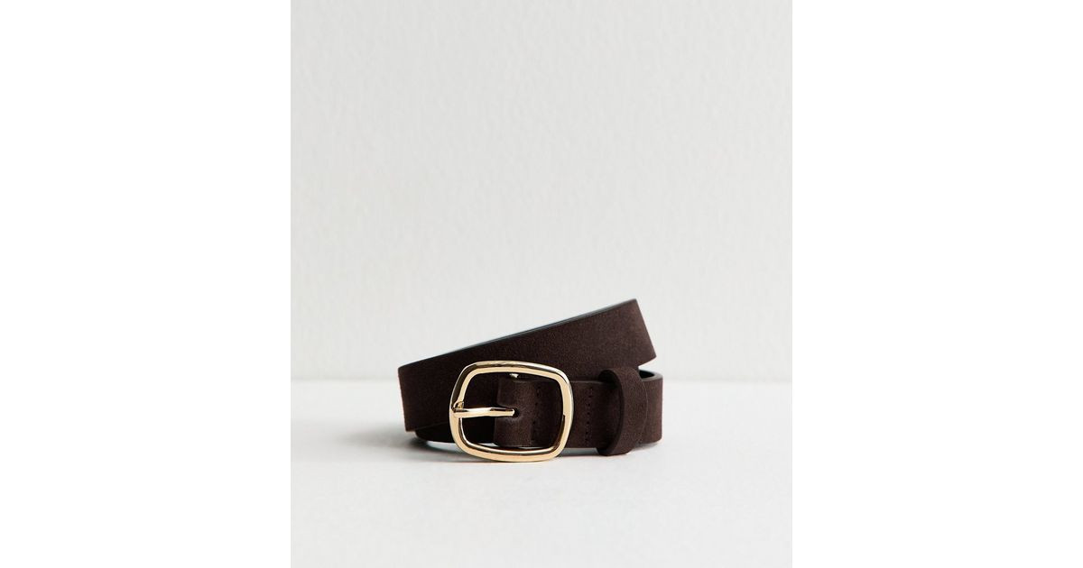 Dark Brown Real Suede Rectangle Buckle Belt New Look | New Look (UK)