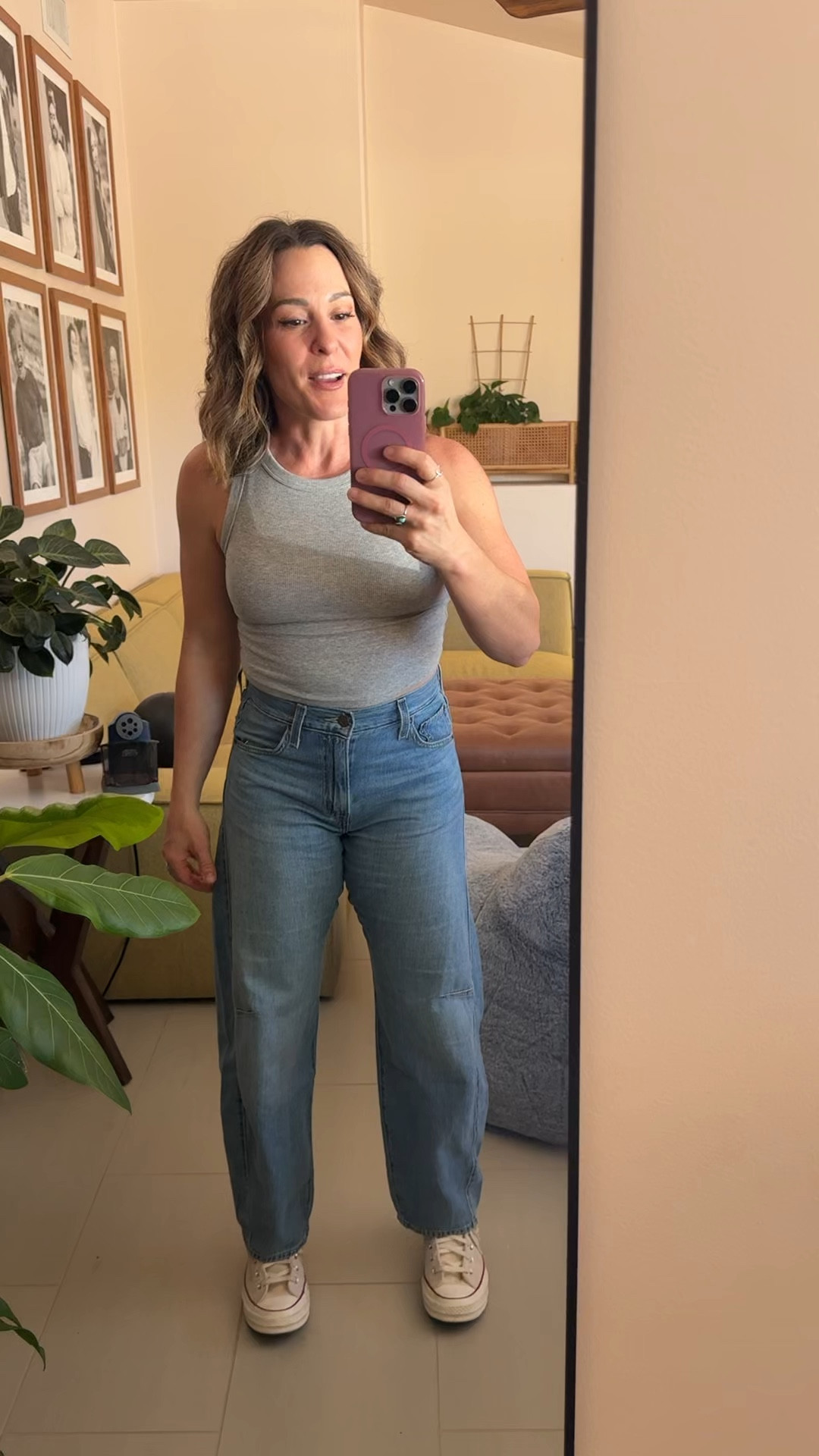If you are barrel curious, these are your gateway pants. 

They are lightweight for summer and have the viral cinch weight. 

And no one makes a booty look as good as Levi’s. That’s just facts. 

I am wearing a 26 x 29. 

They come in multiple lengths! 

And the shirt! My fave ever and it is on sale for $10! It is sooo soft! 

I can’t find the exact converse, but I honestly like the color I shared here even better  