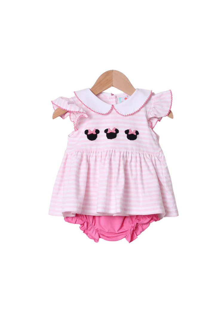 Applique Mouse Pink Stripe Flutter Sleeve Bloomer Set | The Smocked Flamingo