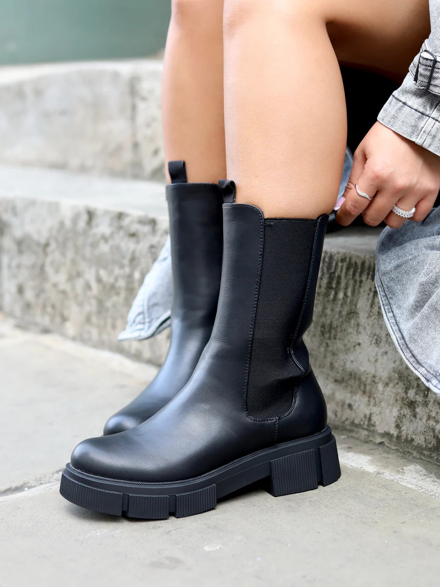 Black Faux Leather Mid Chelsea Boot With Track Sole | Linzi Shoes