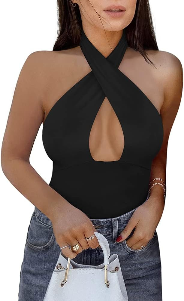 REORIA Butsmooth® Women's Trendy Sexy Criss Cross Halter Neck Sleeveless Thong Bodysuits Tops Cl... | Amazon (US)