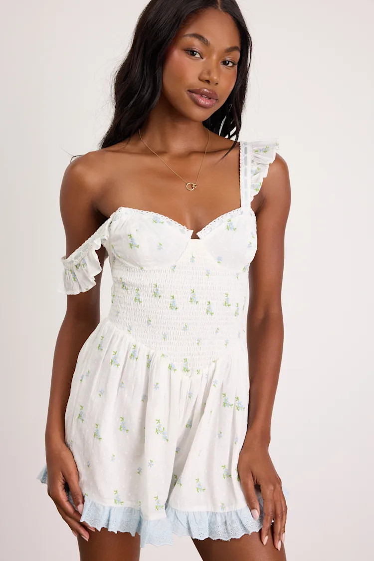 Colbie White Floral Swiss Dot Bustier Romper | Lulus