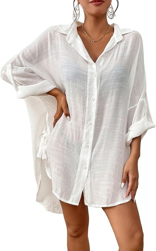 Bsubseach Women 2024 Swimsuit Cover Up Split Tie Beach Shirt Blouse | Amazon (US)