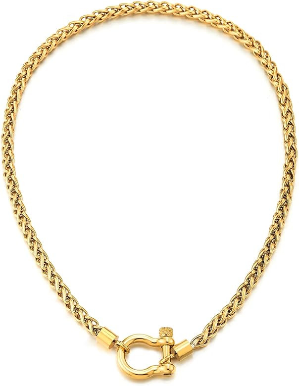 COOLSTEELANDBEYOND Mens Women Stainless Steel Foxtail Wheat Chain Necklace, Screw Anchor Shackle ... | Amazon (US)