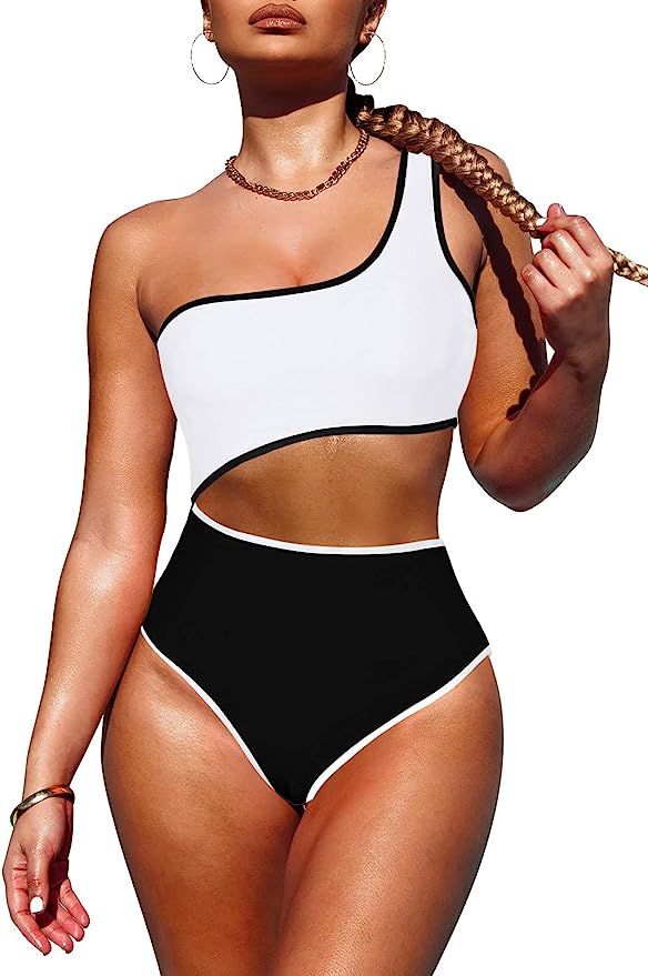 Viottiset Women's One Shoulder Cut Out Colorblock One Piece Swimsuit Bathing Suit | Amazon (US)