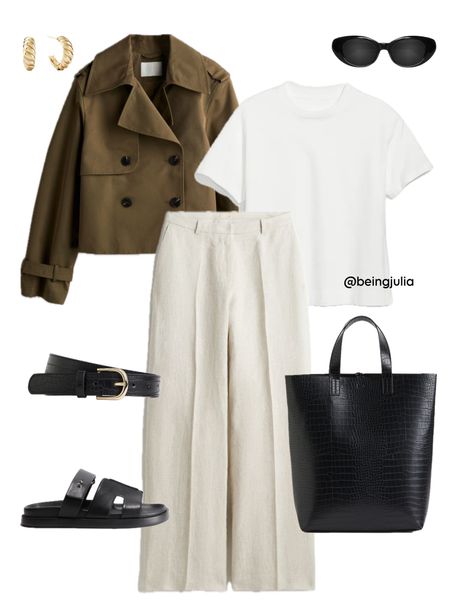 Spring outfit inspiration! Details below:
-Cropped khaki green trench coat from H&M. 
-Plain white relaxed fit T-shirt from Old Navy. 
-High rise beige linen trousers from H&M. 
-Black crocodile print shopper tote bag from H&M. 
-Black slip on chunky sandals from H&M. 
-Black crocodile print belt with gold buckle from H&M. 
-Celine Triomphe sunglasses. 
-Mejuri gold dome croissant hoop earrings. 


#LTKstyletip #LTKfindsunder100 #LTKSeasonal