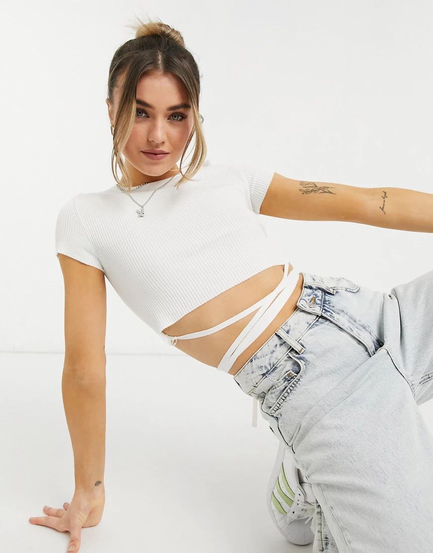 Bershka wraparound knit crop top in white | ASOS (Global)