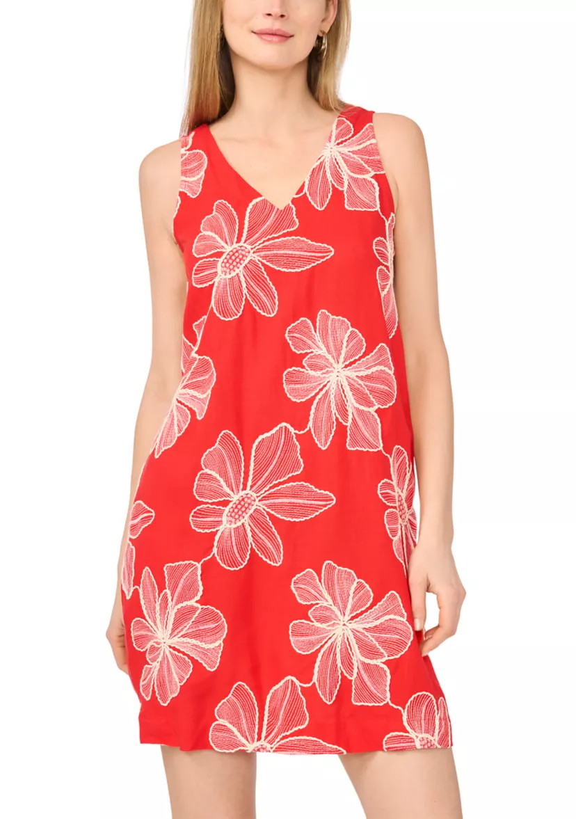 Women's Sleeveless V-Neck Floral Embroidered Trapeze Dress | Belk