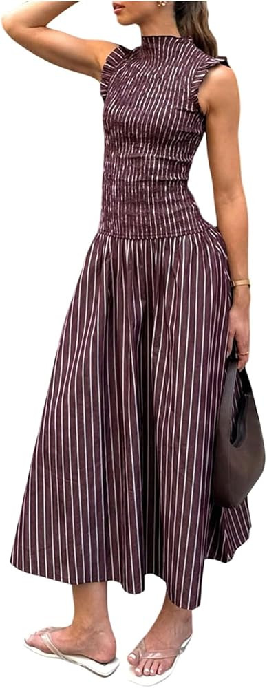 Verdusa Women's Sleeveless Striped Smocked Dress Ruffle Tank Maxi Dresses | Amazon (US)
