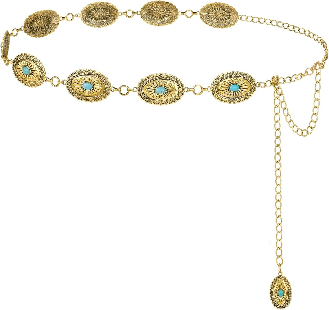 FIORETTO Metal Chain Link Belt for Women Western Cowgirl Waist Chain Boho Country Turquoise Belts... | Amazon (US)