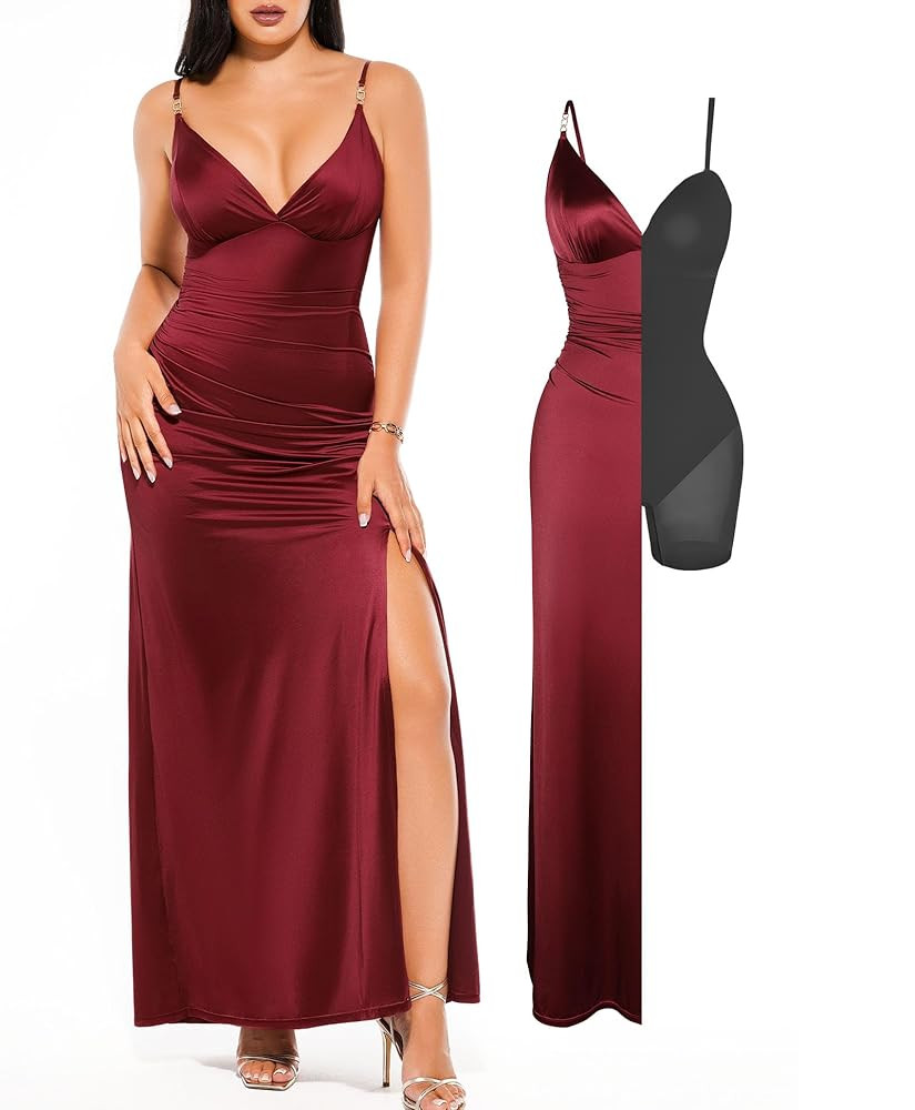 Popilush Women's Sexy Maxi Dress Deep V Neck Ruched Shapewear Dresses Side Slit Formal Cocktail P... | Amazon (US)