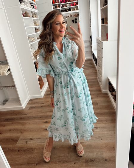 In a small blue floral kimono style maxi, braided espadrille wedges and accessories for spring/summer from amazon - fits TTS.

#LTKstyletip #LTKunder50 #LTKSeasonal