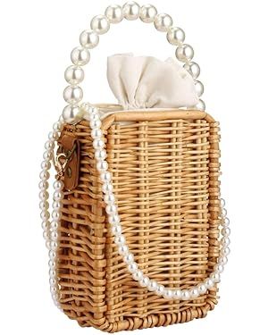 Beach Bag Purse for Women, Natural Hand-woven Rectangular Wicker Handbag, Pearl Basket Purse, Ret... | Amazon (US)