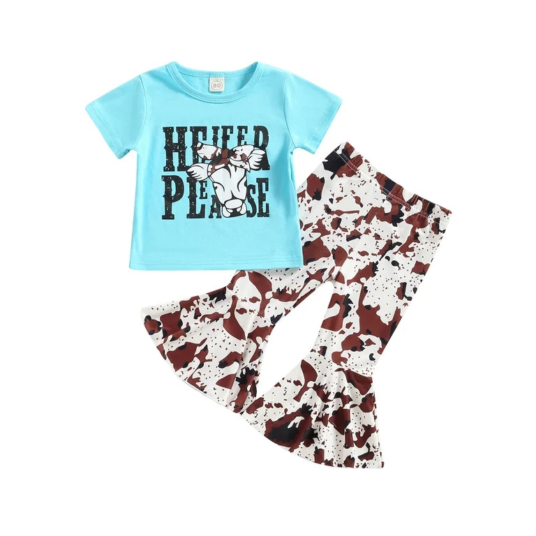 jaweiwi Toddler Baby Girl Spring Summer Outfits Set, Short Sleeve Cow Head Print T-Shirt + Flare ... | Walmart (US)