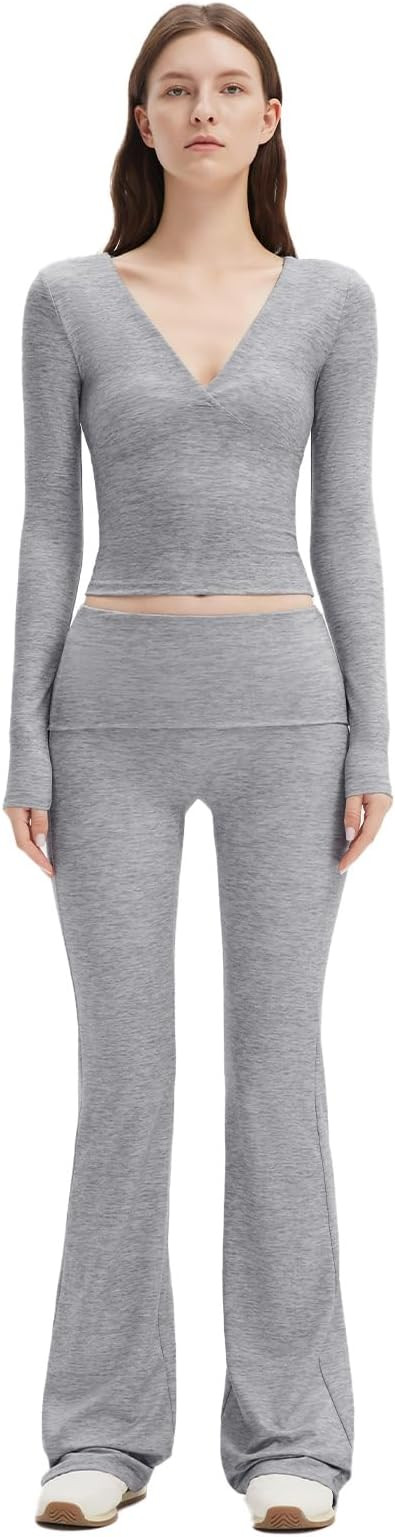 SUUKSESS Women 2 pieces Lounge Sets Long Sleeve V Neck Tops Fold Over Flare Leggings | Amazon (US)