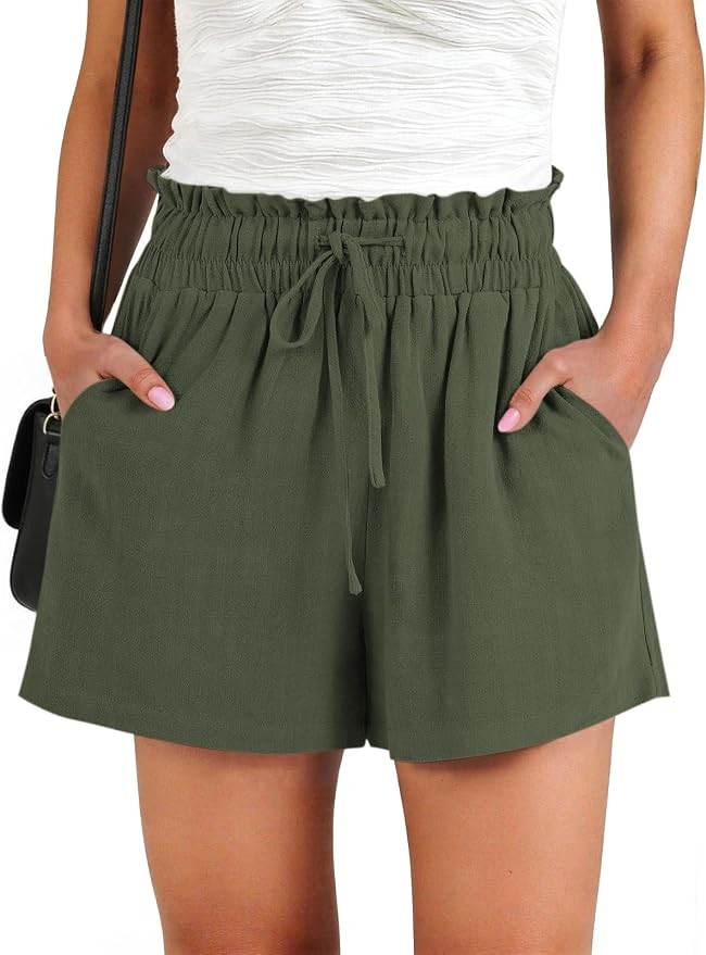 Women Drawstring Shorts Elastic Waist High Waist Shorts Wide Leg Summer Casual Beach Shorts with ... | Amazon (US)