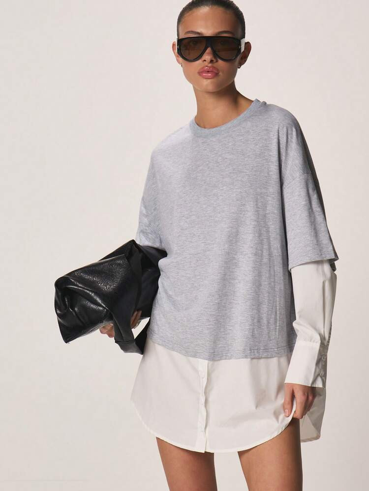 MISSGUIDED Oversized Grey Cotton T-Shirt Mini Dress With Layered White Long Sleeve Underlayer Casual Relaxed Fit Street Style | SHEIN