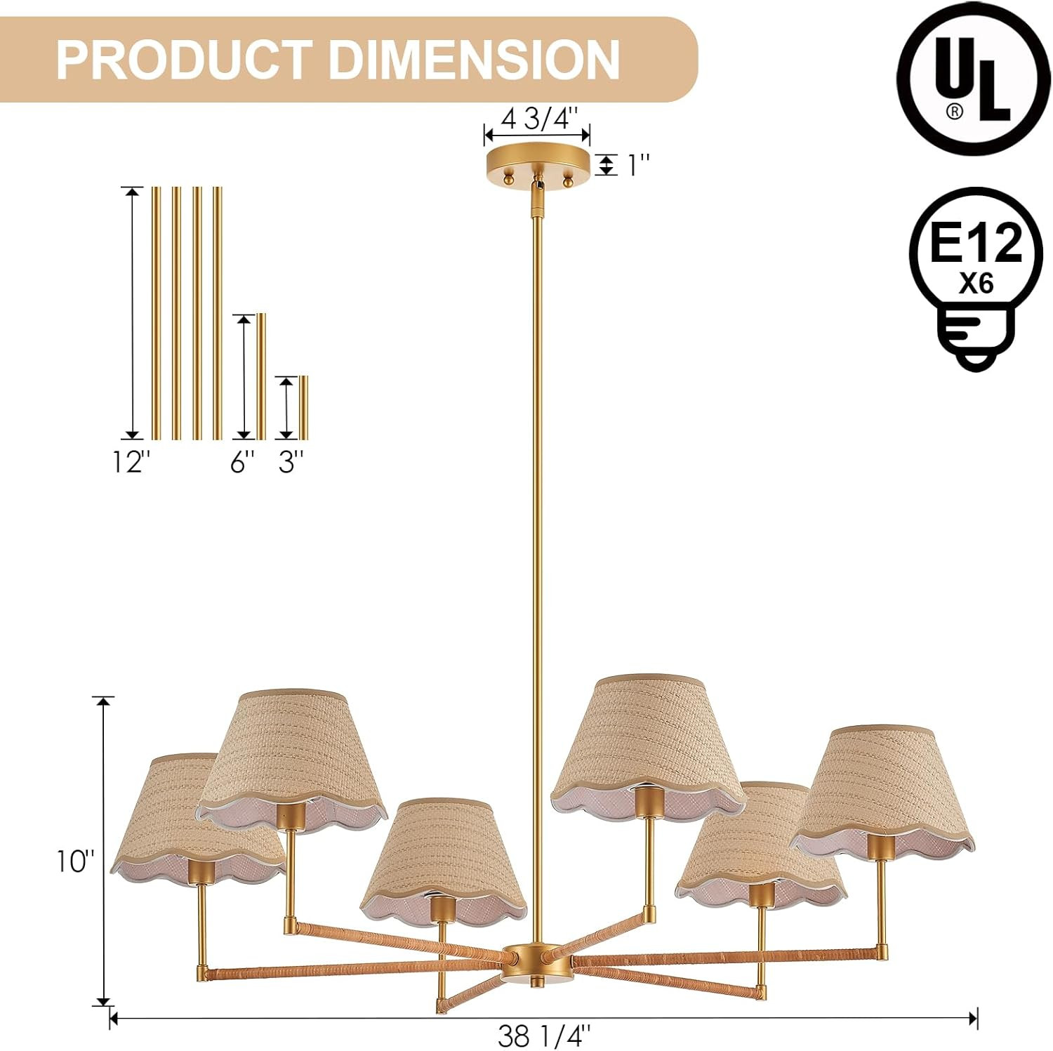 39” Boho Rattan Chandelier 6-Lights Rustic Industrial Pendant Light Large Adjustable Pendant Li... | Amazon (US)
