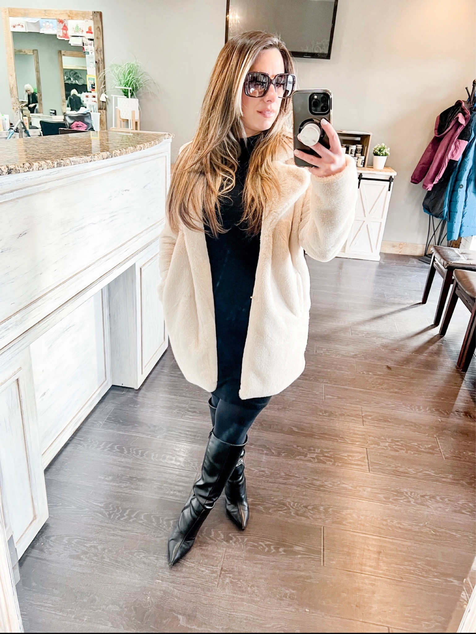 I love this faux fur coat. Its so soft. Perfect length for short girls. I’m wearing an XS. Its also available in black. #furcoat 

#LTKstyletip #LTKSeasonal #LTKworkwear