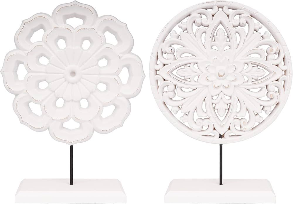 AXEARTE 2 Pack Wooden Carved Cutout Flower Medallion Sculpture, Rustic Distressed White MDF Statu... | Amazon (US)