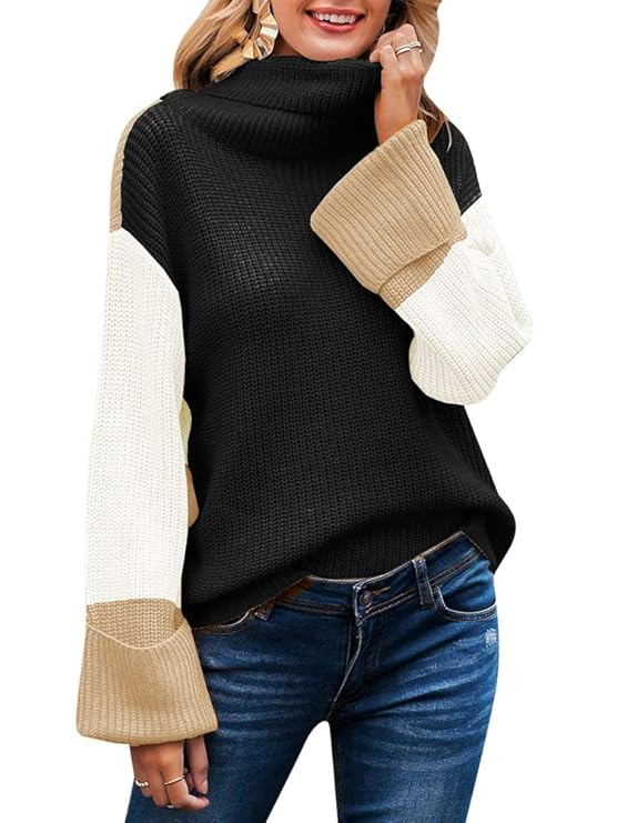 Women's Turtleneck Sweater Color Block Casual Long Sleeve Loose Chunky Knit Pullover Tops | Amazon (US)