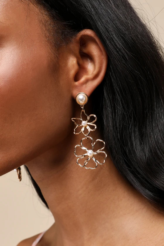Perfect Expression Gold Pearl Flower Statement Drop Earrings | Lulus