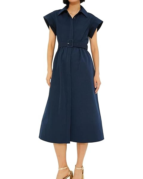 Ladyful Women Casual Button Down Shirt Dress Short Wing Sleeve Buiness Midi Shirt Dress with Belt... | Amazon (US)