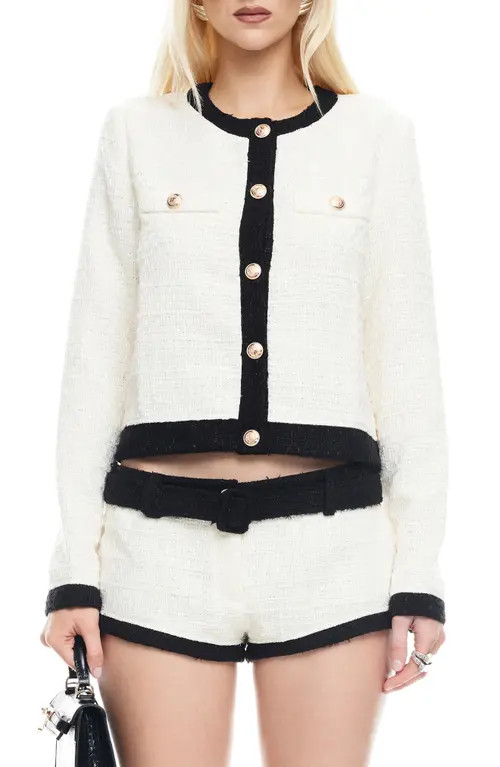 LIONESS Riviera Contrast Trim Tweed Jacket in Porcelain at Nordstrom, Size Large | Nordstrom