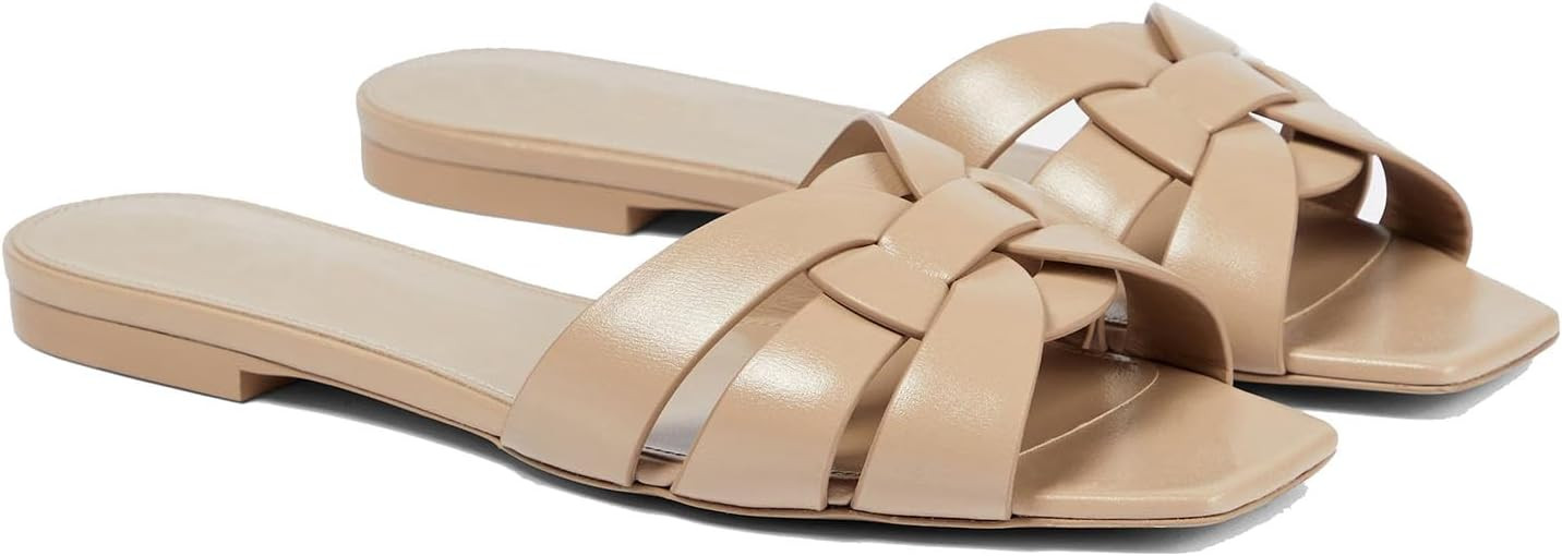 Women's Flat Sandals Square Toe Patent Leather Comfortable Slip on Slippers Casual Summer Dressy ... | Amazon (US)