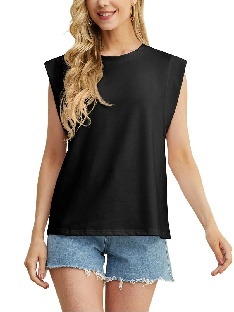 JWD Women's Top Cap Sleeve Summer Blouses Casual Crew NecK Solid Color Women's Tanks Black S | Walmart (US)