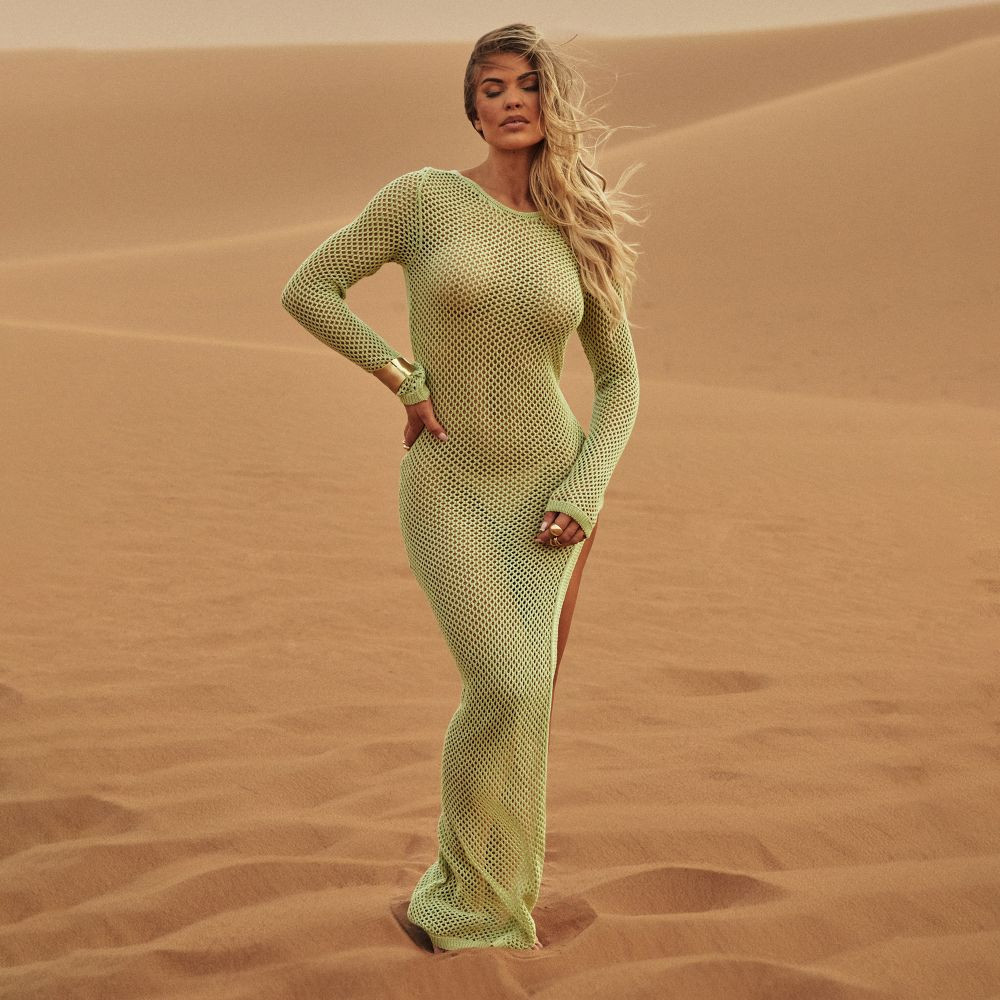 Long Sleeve Open Back Split Leg Maxi Dress In Green Crochet Knit | EGO Shoes (US & Canada)
