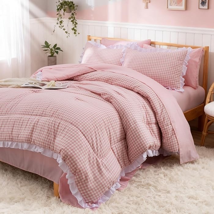 A Nice Night Comforter Set Full, 5 Pieces Lightweight Soft Rustic Pink Ruffle Comforter, Plaid Ch... | Amazon (US)