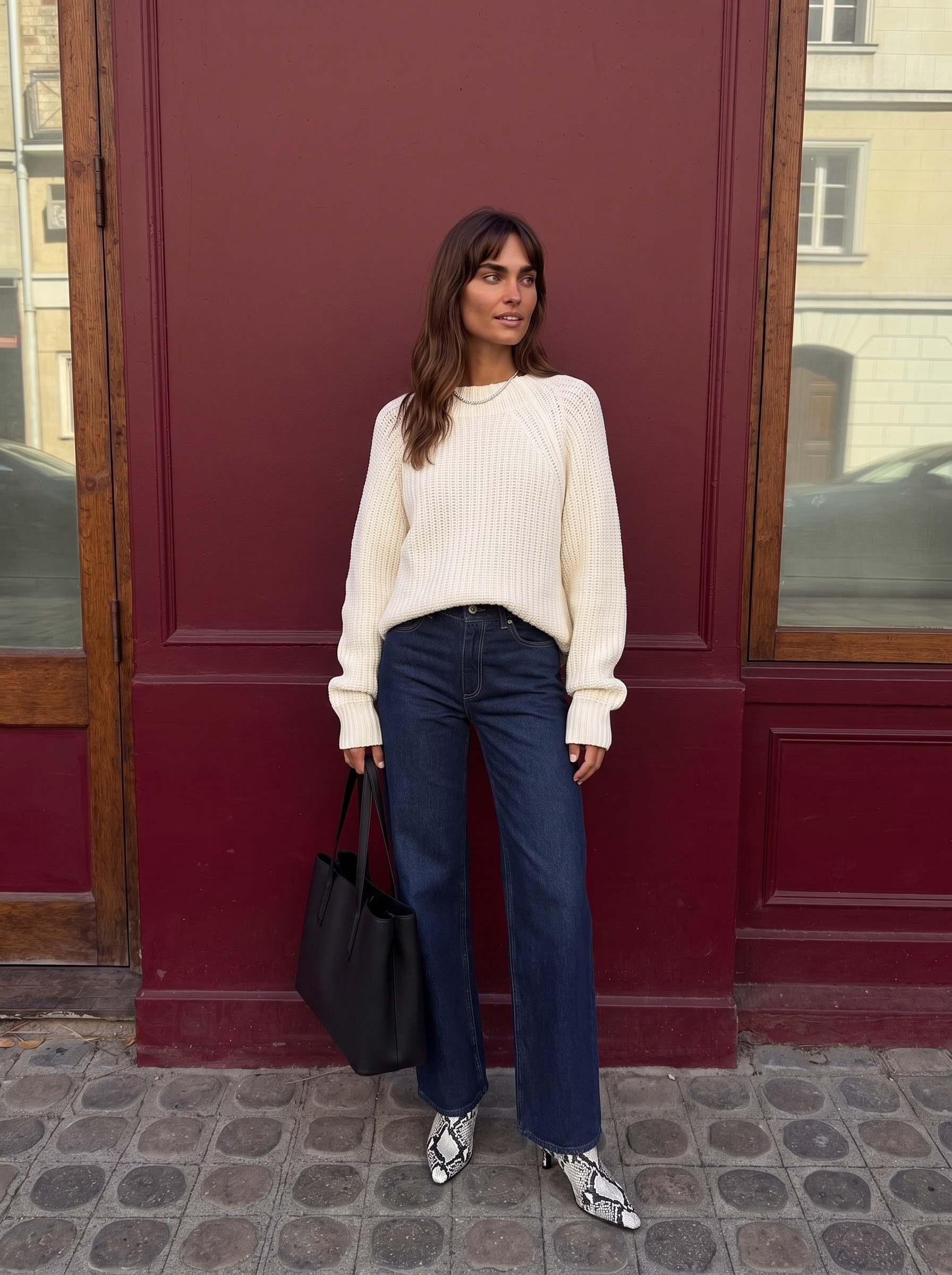 Cozy winter outfit with wide leg jeans
#LTKStyleTip #LTKSeasonal #LTKshoecrush
#winteroutfit #pulloversweater #widelegjeans #snakeskinboots #totebag 

 