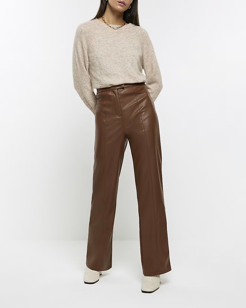 Brown faux leather straight trousers | River Island (UK & IE)