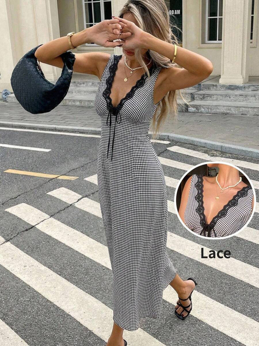 Serisse Women's Summer Casual Vintage Black And White Plaid Contrast Lace V-Neck Sleeveless Mid-Length Dress,Elegant French Brunch Beach Vacation Outfits | SHEIN
