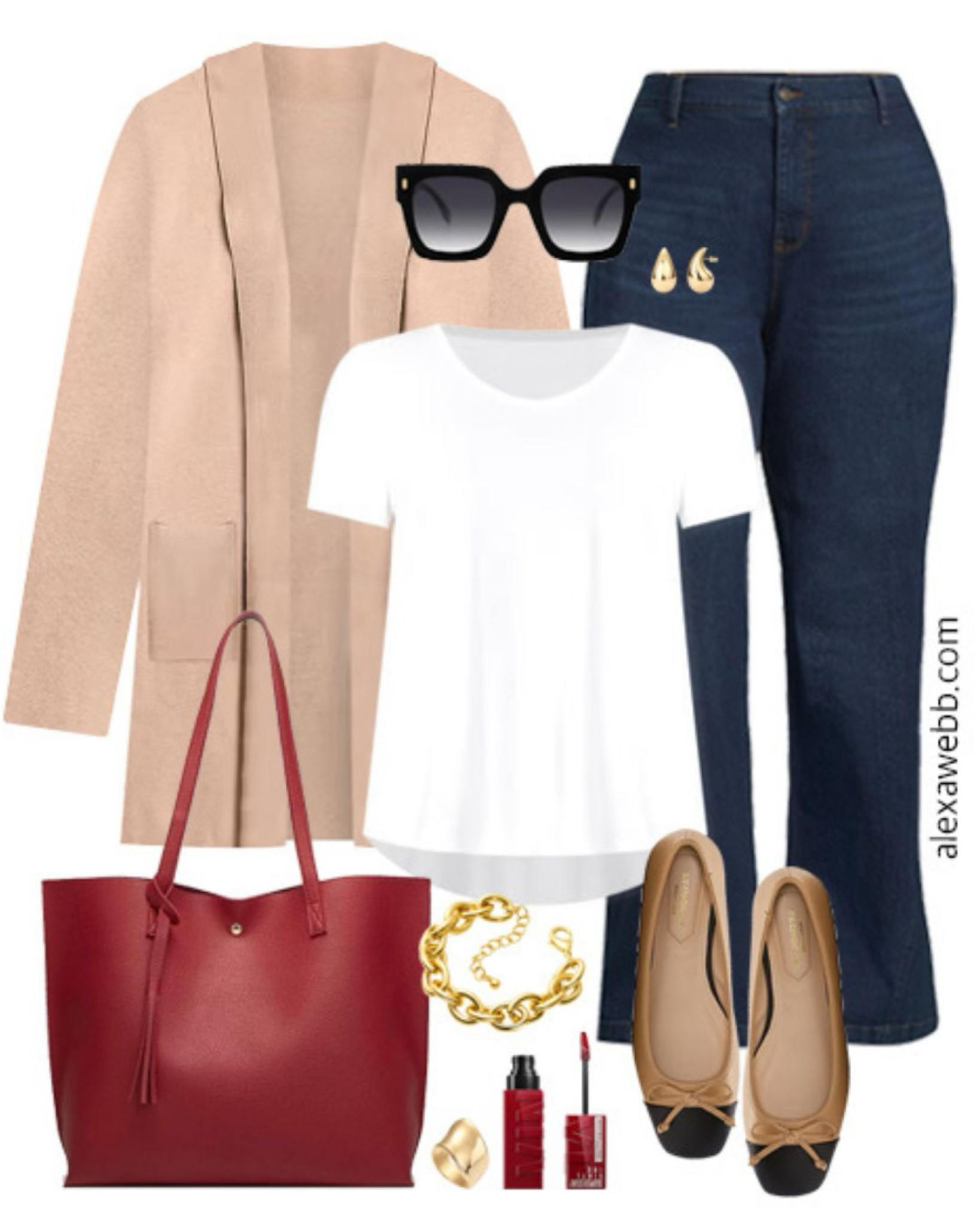 Plus Size Teacher Outfits 2024 - Part 1 - A plus size business casual outfit for teachers heading back to school this fall. A plus size camel cardigan, t-shirt, trouser jeans, cap toe flats, and a red tote bag. Alexa Webb

#LTKPlusSize #LTKStyleTip #LTKSeasonal