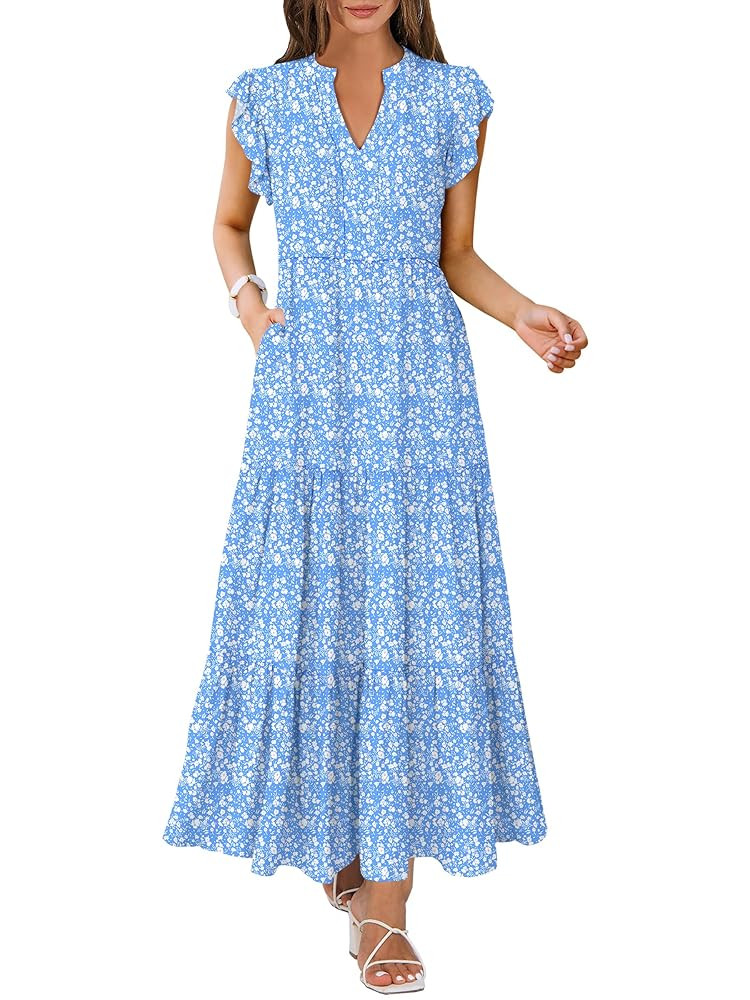 ANRABESS Womens Summer Casual Maxi Dress V Neck Ruffle Sleeve Long Dresses Fashion Flowy Tiered B... | Amazon (US)