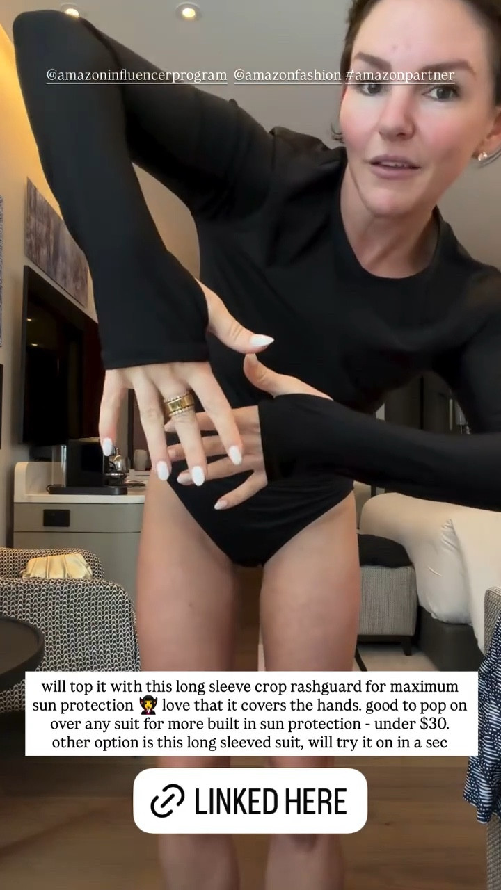 will top it with this long sleeve crop rashguard for maximum sun protection

love that it covers the hands. good to pop on over any suit for more built in sun protection - under $30. other option is this long sleeved suit, will try it on in a sec

#LTKdayinmylife #LTKgrwm #LTKSwim