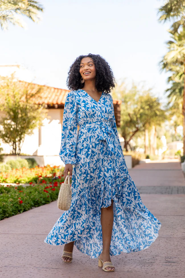 Palmetto Paradise Blue and White Long Sleeve Maxi Dress FINAL SALE | Pink Lily