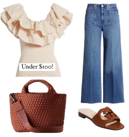 Ruffle top
Jeans 
Wide leg jeans 
Gucci sandals 
Tote bag

Summer outfit 
Summer
Vacation outfit
Vacation 
Date night outfit
#Itkseasonal
#Itkover40
#Itku

#LTKFindsUnder100 #LTKItBag #LTKShoeCrush