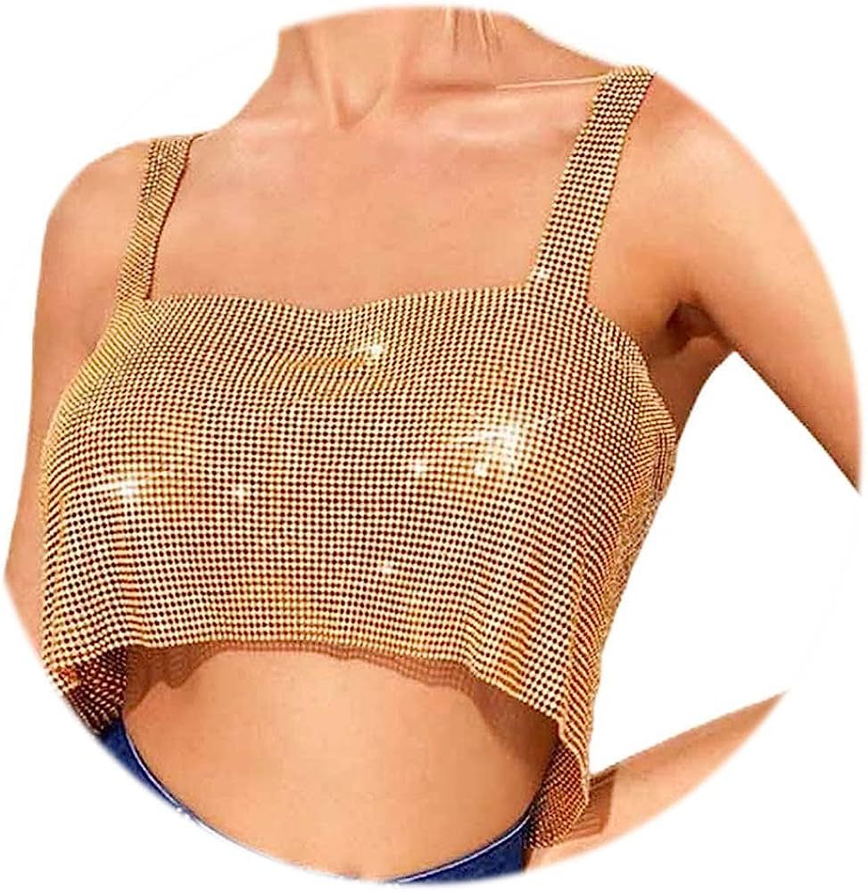 Amazon.com: Jemiwa Sexy Rhinestone Crop Tops Gold Sparkly Crystal Sleeveless Tank Top Bikini Bra ... | Amazon (US)