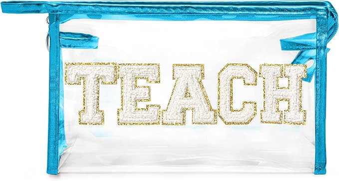 CY2SIDE TEACH Clear Makeup Bag - White TEACH Letter Patch Cosmetic Bag with Handle for Travel PVC... | Amazon (US)