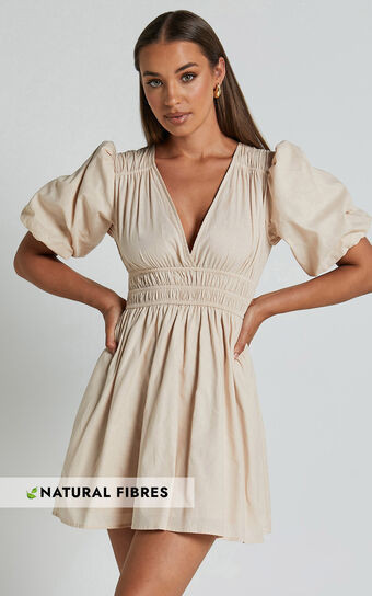 Francesca V Neck Puff Sleeves Mini Dress in Natural | Showpo (US, UK & Europe)