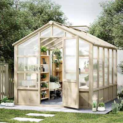 COZONY 8x10 Ft Wood Greenhouse, Cedar Frame Polycarbonate Green House with Door & Adjustable Vent Window for Garden Yard | Target