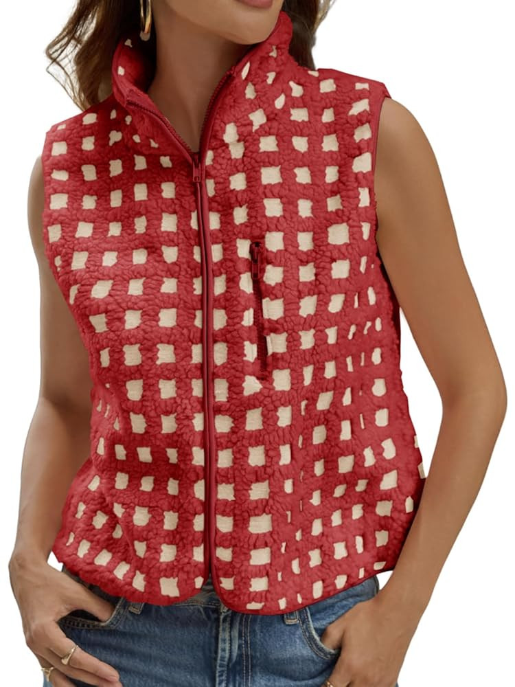Tankaneo Womens Checkered Sherpa Vest Fleece Fuzzy Zip Up Sleeveless Jacket Casual 2025 Winter Wa... | Amazon (US)